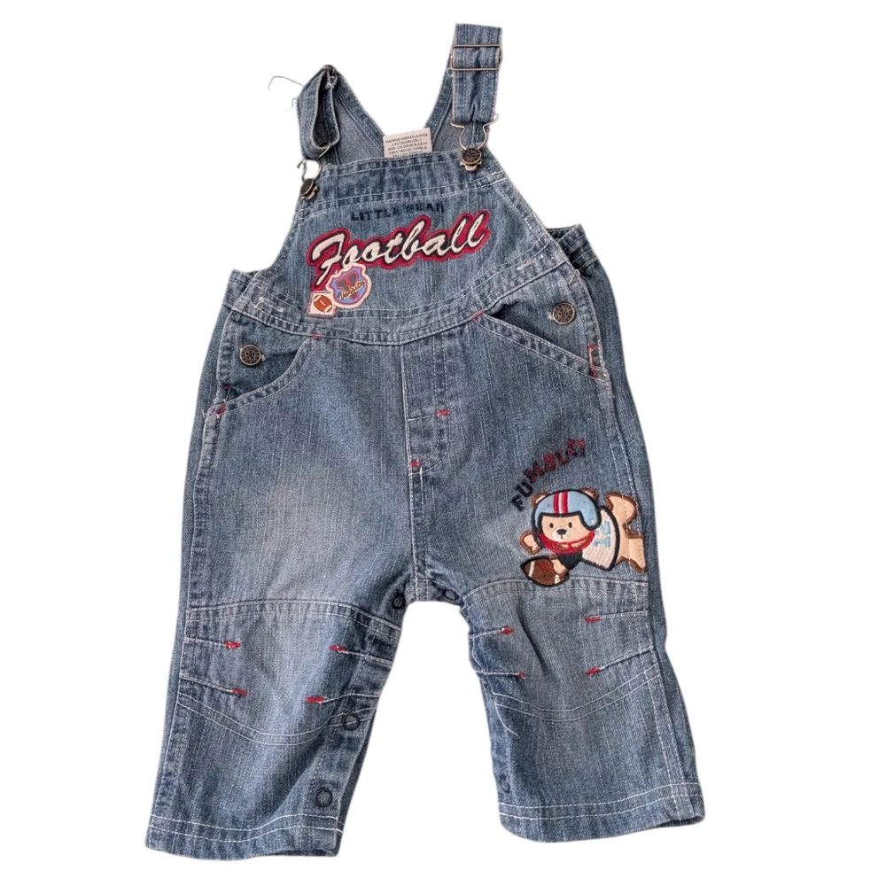 Vintage 90s Infant Embroidered Teddy Bear‎ Football Denim Overalls
